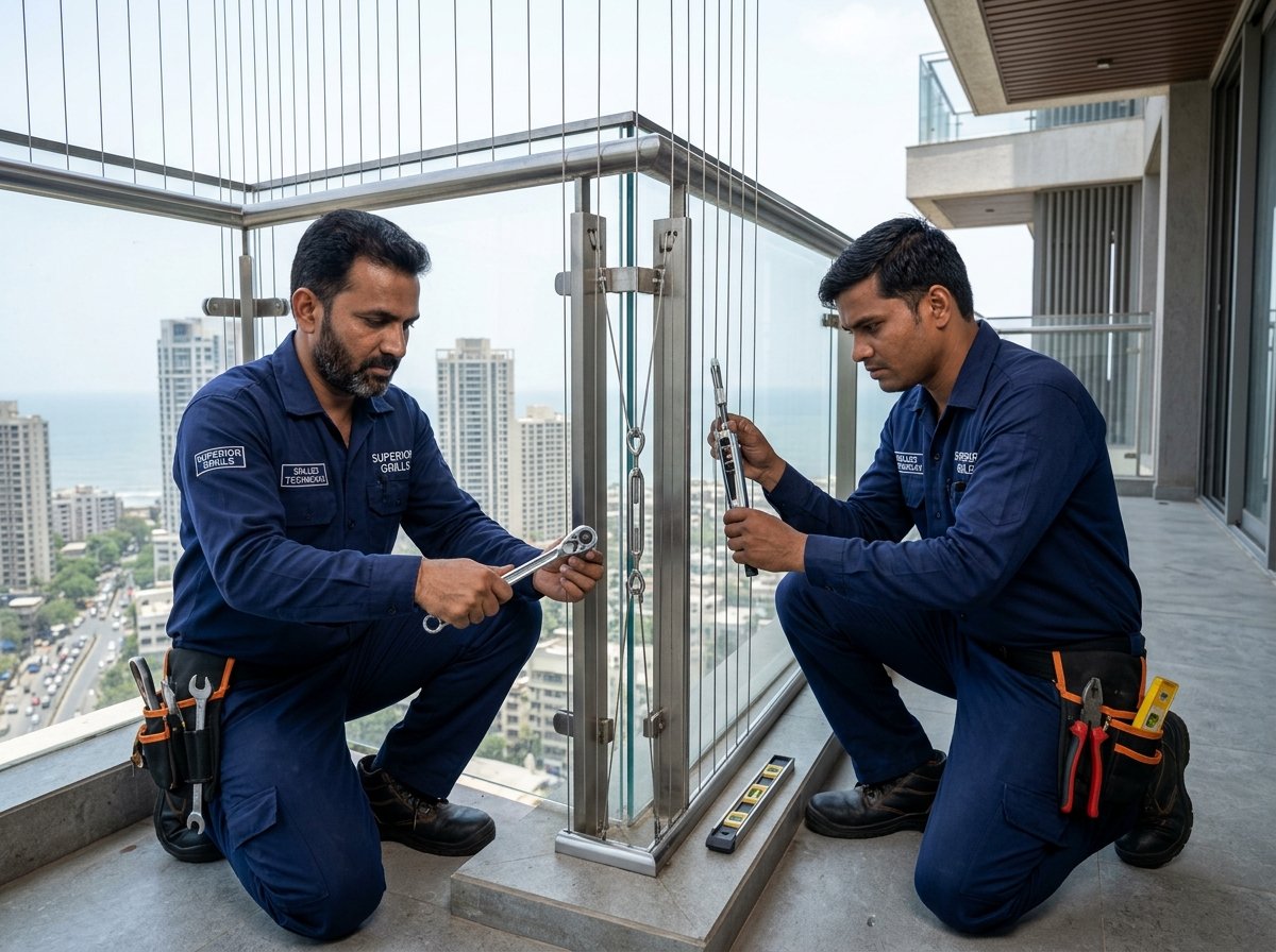 Priskila technicians installing SS316 invisible grills on balcony in Bengaluru